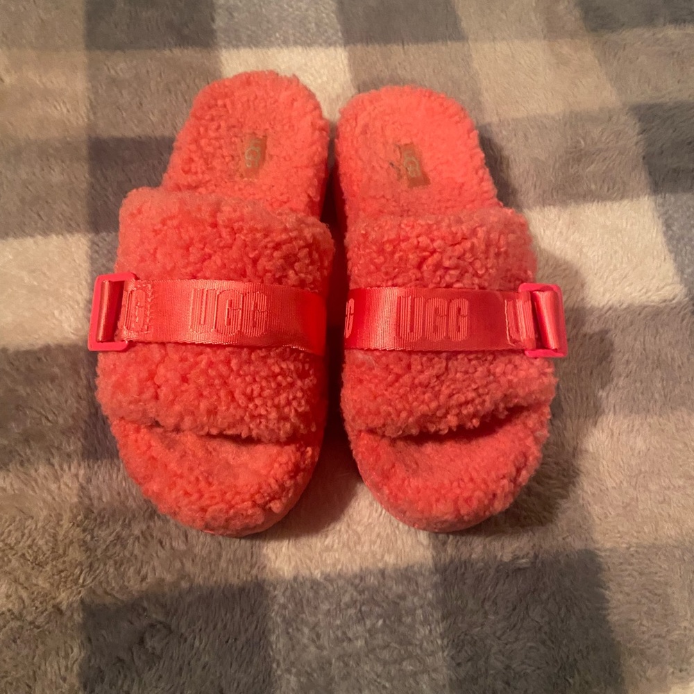 Ugg Pink Platform Fuzzy Slides - image 1